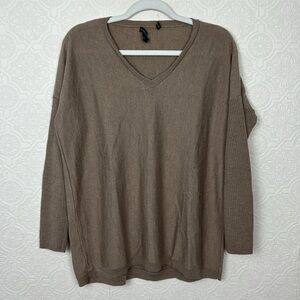Eileen Fisher 100% Merino Wool Sweater Vneck Taupe Warm Long Sleeve Light Brown
